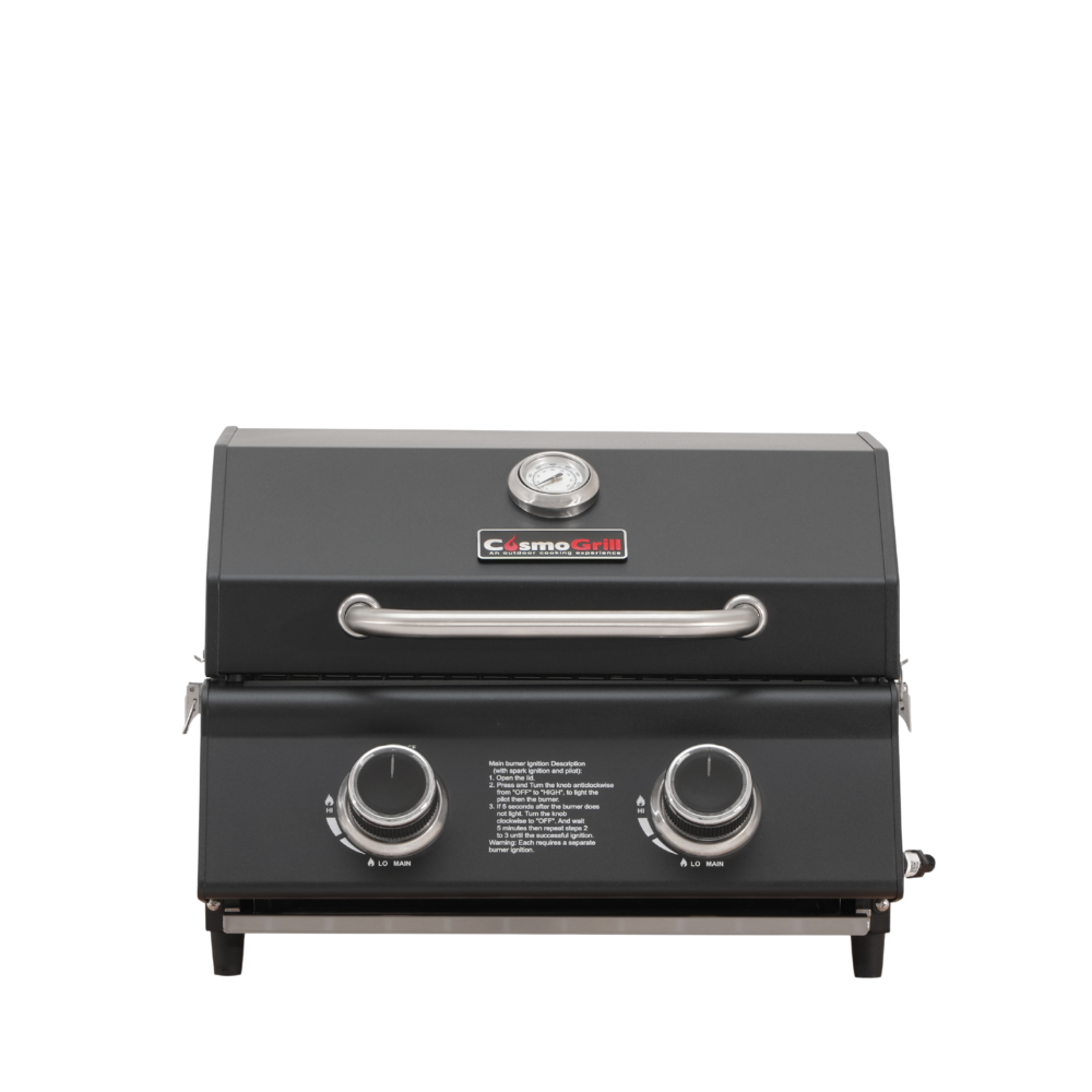 2 burner gas barbecue with a black stainless steel exterior
