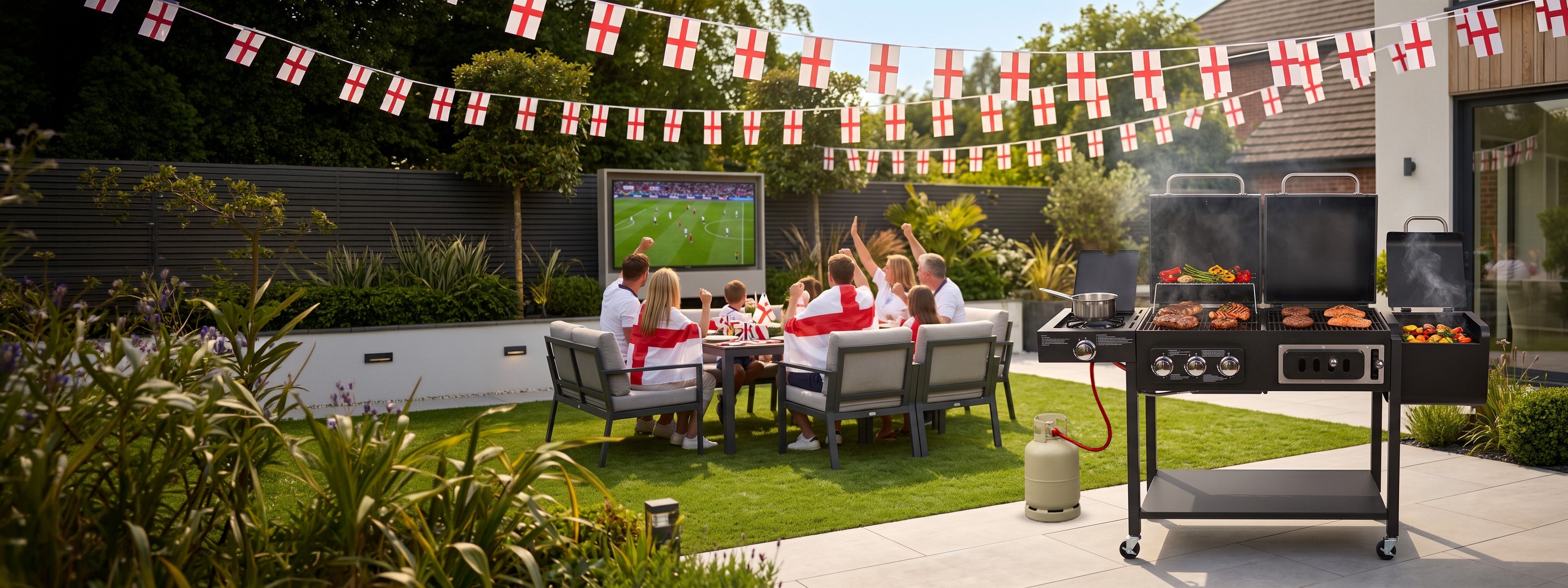 A lifestyle backyard scene showing a group of people sitting and watching a soccer game on a large screen, with a hybrid grill smoking on the right, a green lawn, and England flag bunting hanging across