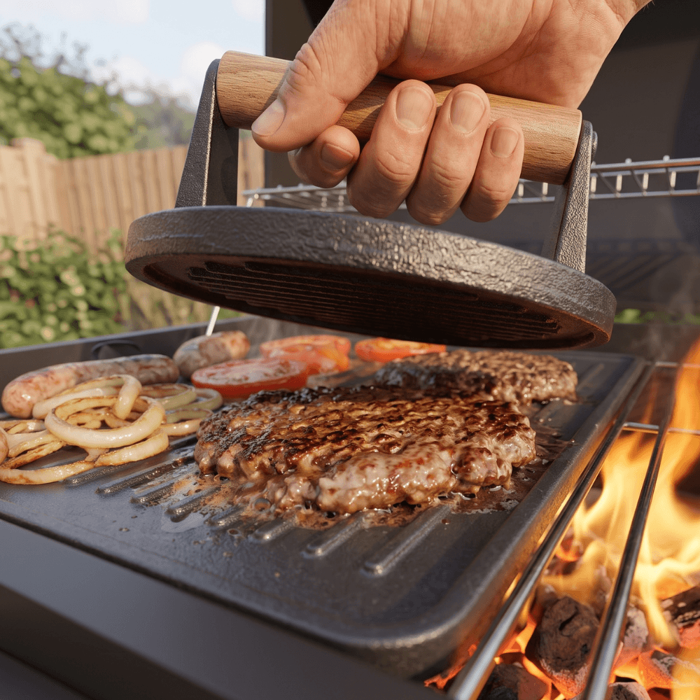 A close-up of a cast iron burger press over a seared beef patty while sausages, onions, and tomatoes cook on the griddle plate on a charcoal barbecue